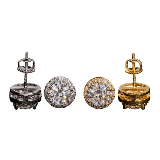 Round moissanite stud earrings in a gold-color setting