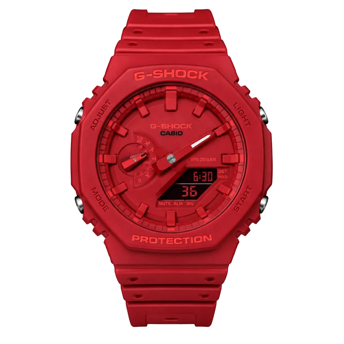 A red Casio G-Shock analog-digital watch with a matching red resin case and strap, shown against a plain white background.
