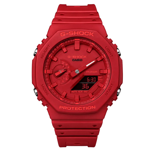 A red Casio G-Shock analog-digital watch with a matching red resin case and strap, shown against a plain white background.