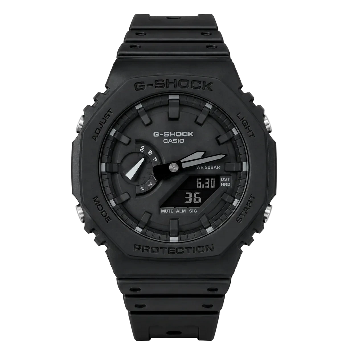 A black Casio G-Shock analog-digital watch with a rugged rectangular case and matching black resin strap, shown against a plain white background.
