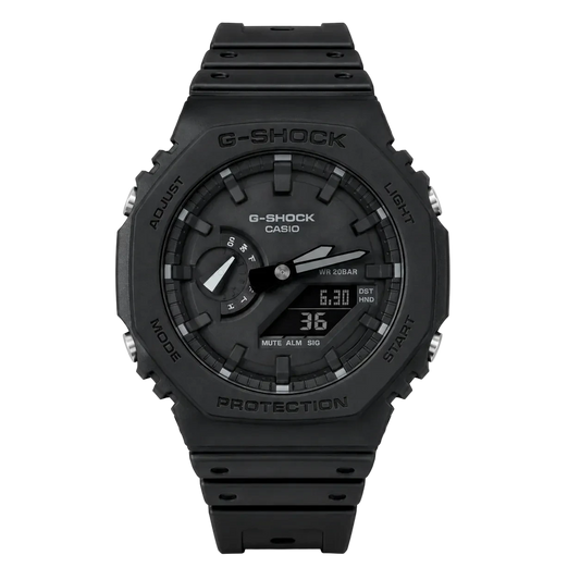 A black Casio G-Shock analog-digital watch with a rugged rectangular case and matching black resin strap, shown against a plain white background.